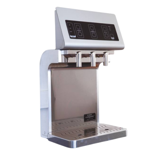 Tapptorn Dublin en modern vattenautomat med touchfunktion, erbjuder användarvänlig kontroll via en touchpanel. Modellen är programmerbar för specifika mängder, idealisk för att fylla både karaffer och vattenglas
