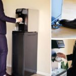 Bildserie i en enda bild av en person som använder en handfri vattenautomat märkt "London Handsfree".