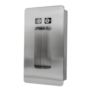 Berlin vägghängd vattenautomat i borstad stål designad för platseffektivitet och stilren integration i väggen. Kapacitet från 30 till 300 liter per timme, lämplig för företag och restauranger.