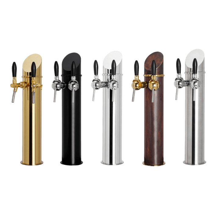 Fem eleganta vattenkranar i olika färger – guld, svart, krom, koppar och rostfritt stål – står uppradade mot transparent bakgrund. Varje modell har två kranar med svarta handtag och en rundad toppdesign som kombinerar funktion och stil för modern vattenservering i offentliga miljöer