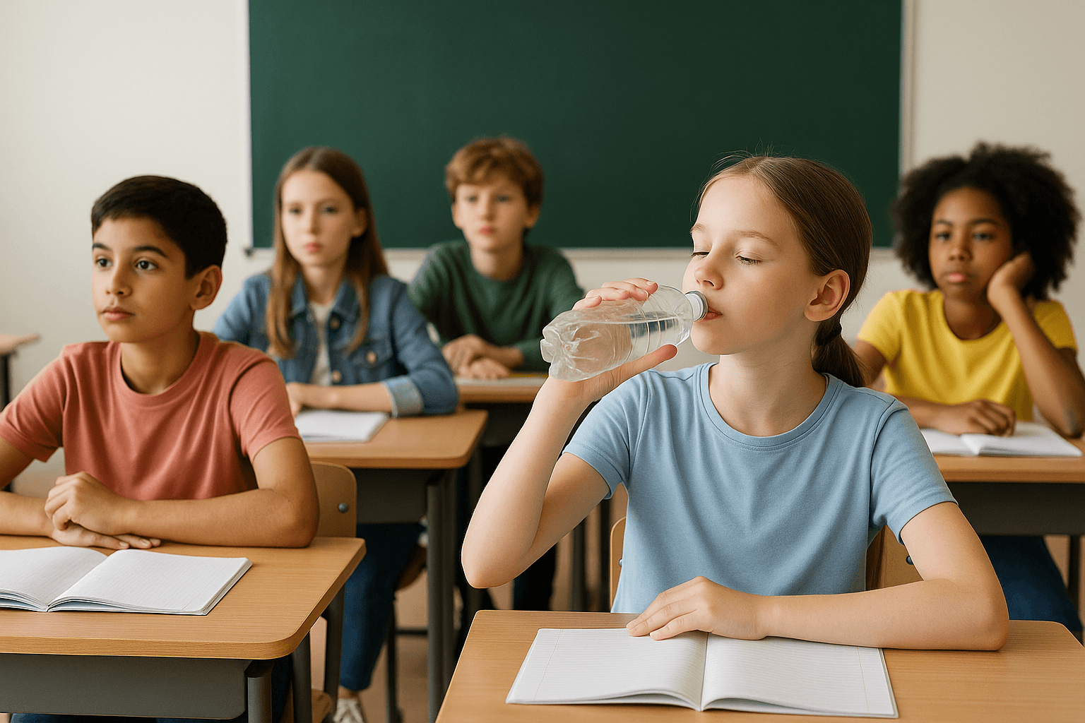 Klassrum med elever. En elev som dricker vatten från en vattenflaska.