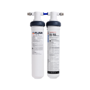 2 plastflaskor som är märkta FX-15S och FP-15, innehållande PFAS-filter och mikroplastfilter för vattenrening.