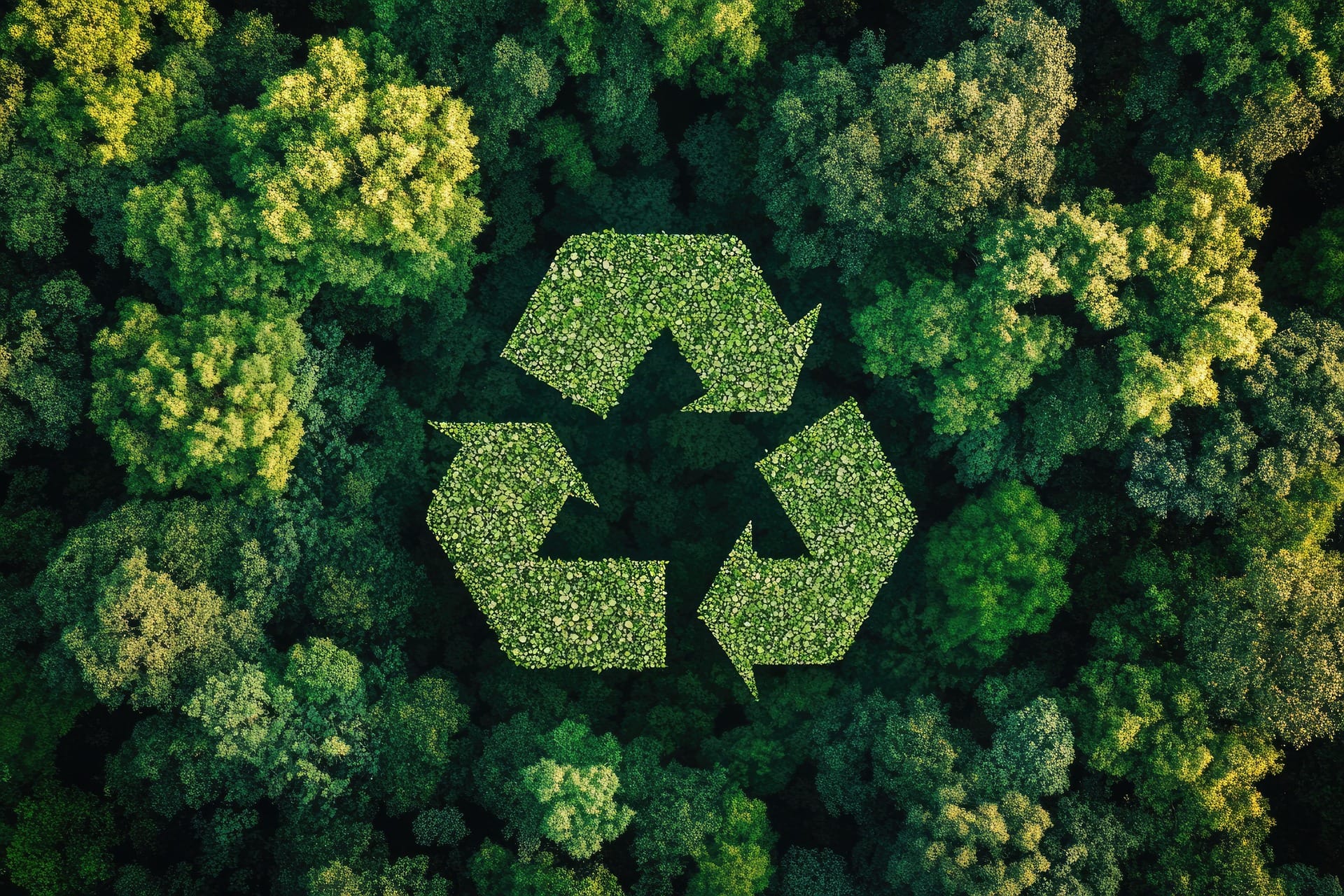 Bild ovanifrån av en skog med återvinningssymbol