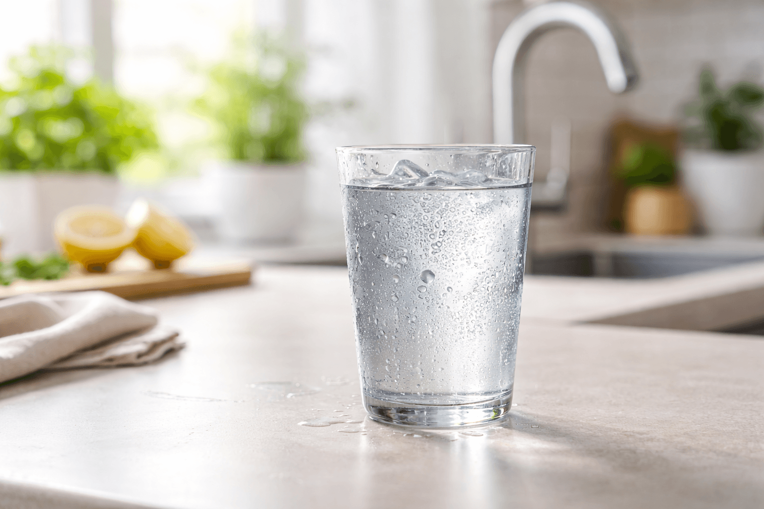 Dricksvatten i glas i ett kök