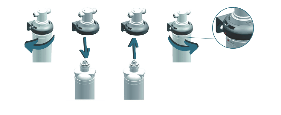 Bild som visar hur man enkelt vrider ur den gamla filterpatronen och sätter in ett nytt filterpatron
