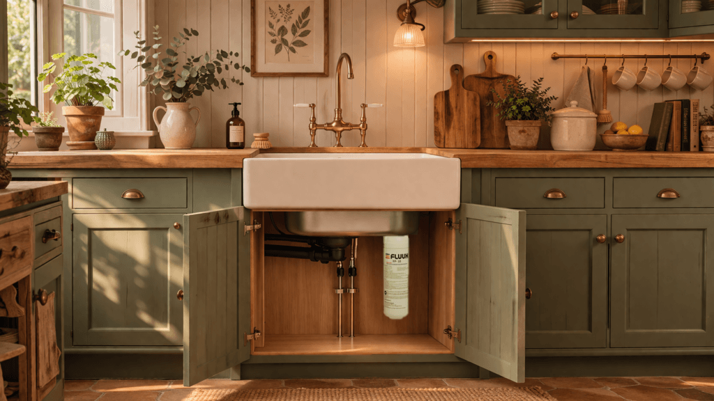 Bild av ett kök med ett öppet skåp under kranen som visar ett installerat PFAS vattenfilter