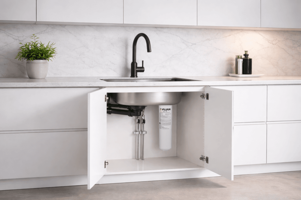 Bild av ett kök med ett öppet skåp under kranen som visar ett installerat PFAS vattenfilter