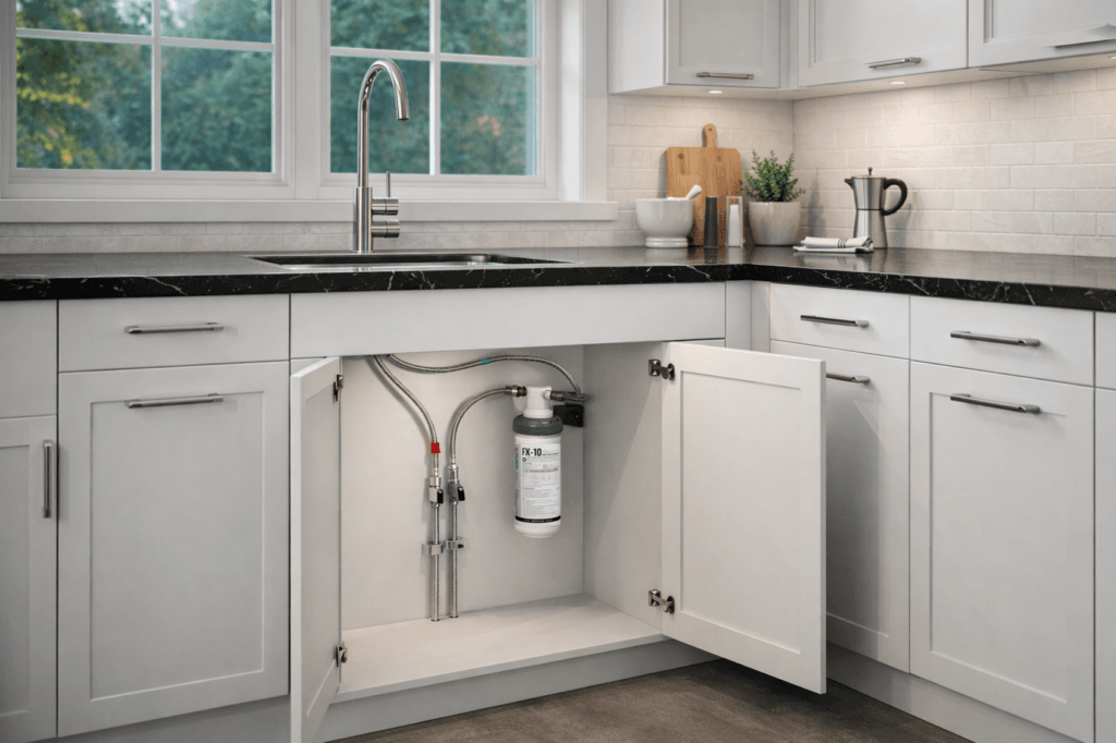 Bild av ett kök med ett öppet skåp under kranen som visar ett installerat mikroplast- och bakterievattenfilter