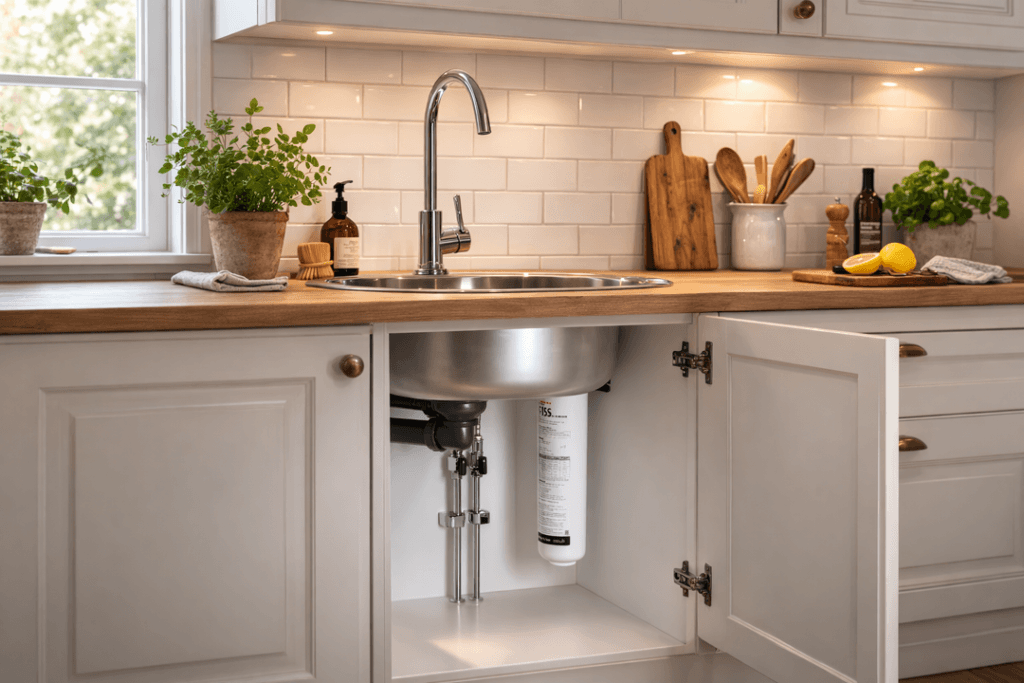 Bild av ett kök med ett öppet skåp under kranen som visar ett installerat mikroplast- och bakterievattenfilter