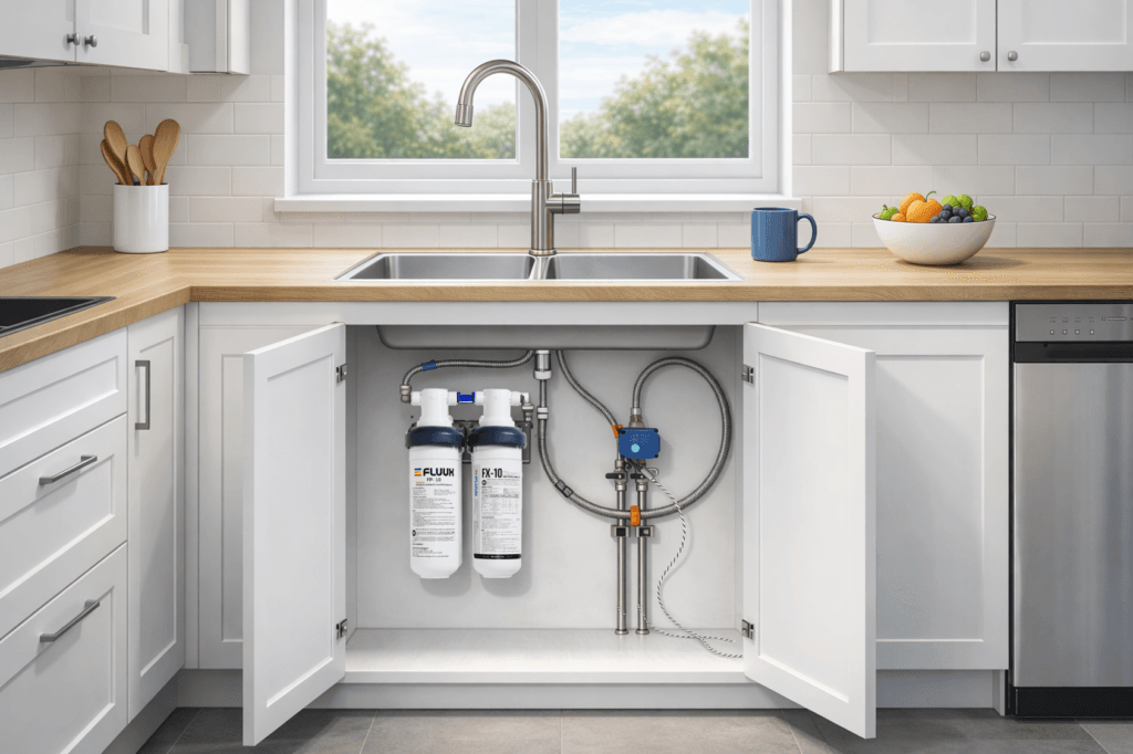 Bild av ett kök med ett öppet skåp under kranen som visar två installerade vattenfilter mot mikroplaster och PFAS