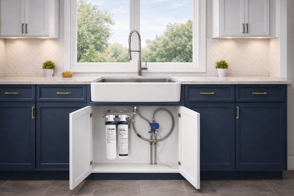 Bild av ett kök med ett öppet skåp under kranen som visar två installerade vattenfilter mot mikroplaster och PFAS